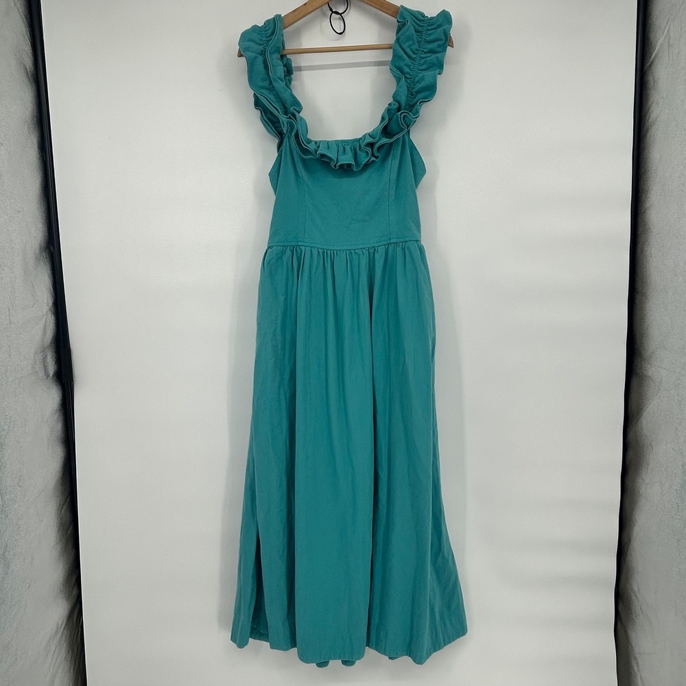 Free People Maxi Dress Ruffle Straps Tie‎ Back Smocked Bodice Pockets Teal - Picture 2 of 10